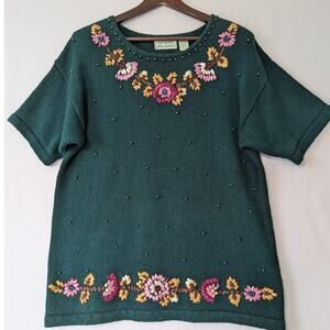 VTG Grandma Sweater Colleens Collectables Size L Green Floral Embroidered Beaded